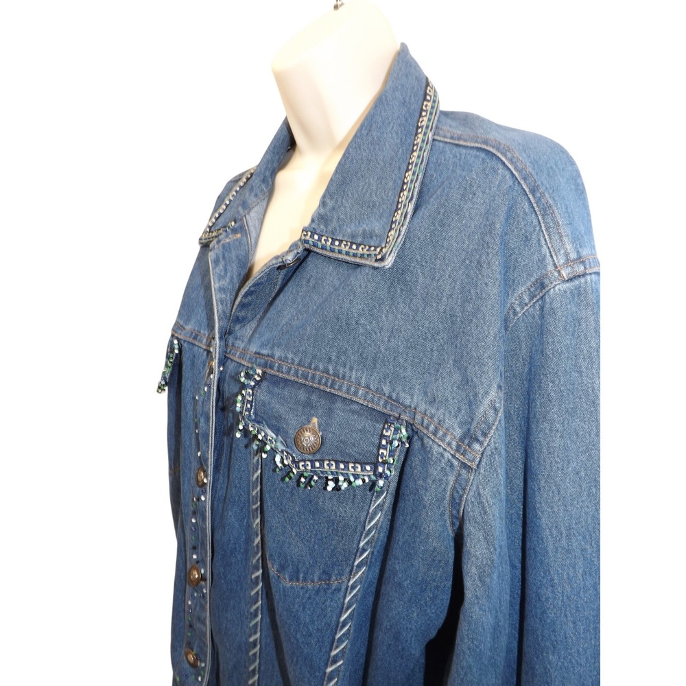 Womens Embellished Denim Jean Jacket Blue Beaded Western Trucker Style L Large - Picture 5 of 16